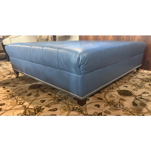Tufted Blue Leather Ottoman or Cocktail Table With Nailheads Four Feet by Four Feet For Sale - Image 4 of 4