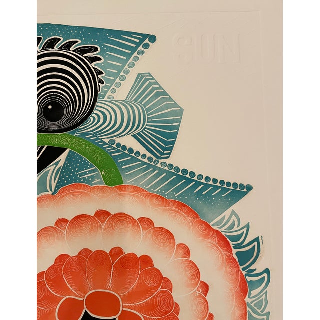 Motoi Oi (Japanese American, 1910 - 2004) "Bird & Red Flower #1" Color etching with aquatint and embossing, pencil signed...