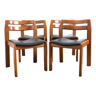 Vintage Walnut & Leather Chairs, Italy, 1970s, Set of 4 For Sale
