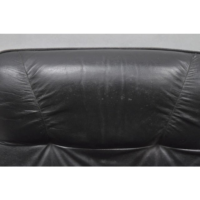 Metal Vintage Black Leather Ekornes Stressless Style Swivel Recliner Lounge Chair For Sale - Image 7 of 17