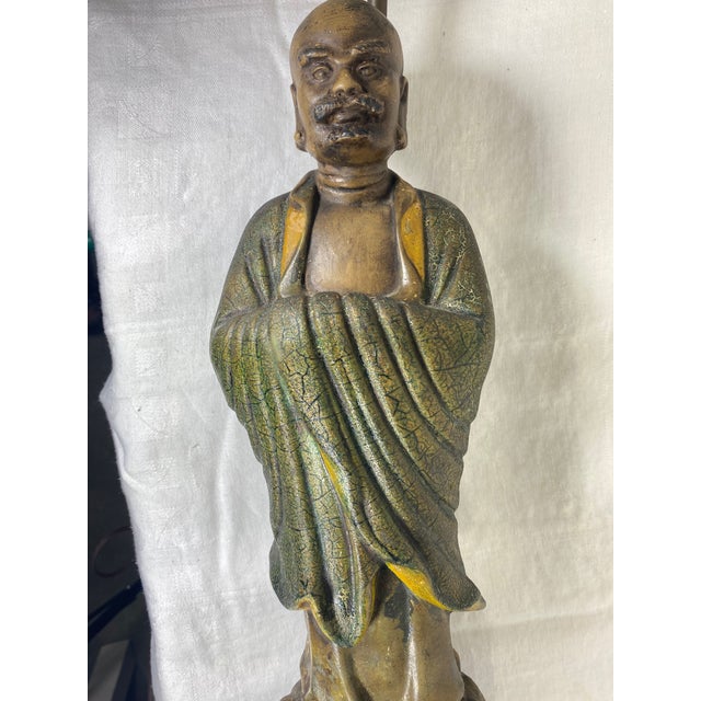 Olive Vintage 1940s Monk Figurine Lamp With String Shade For Sale - Image 8 of 11