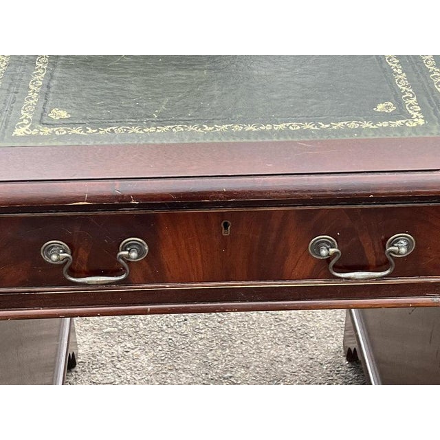 Pedestal Desk in Flame Veneer Mahogany with Green Leather Top For Sale - Image 12 of 13