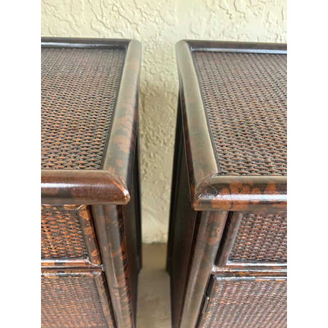 English Pair Vintage British Colonial Faux Burnt Bamboo & Cane Nightstands For Sale - Image 3 of 12