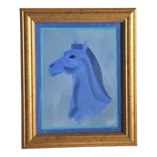 Horse Portrait Minimalism Art Deco Contemporary Blue Original Oil Painting by Cleo Plowden For Sale