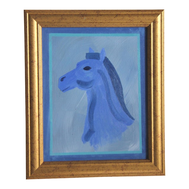 Horse Portrait Minimalism Art Deco Contemporary Blue Original Oil Painting by Cleo Plowden For Sale