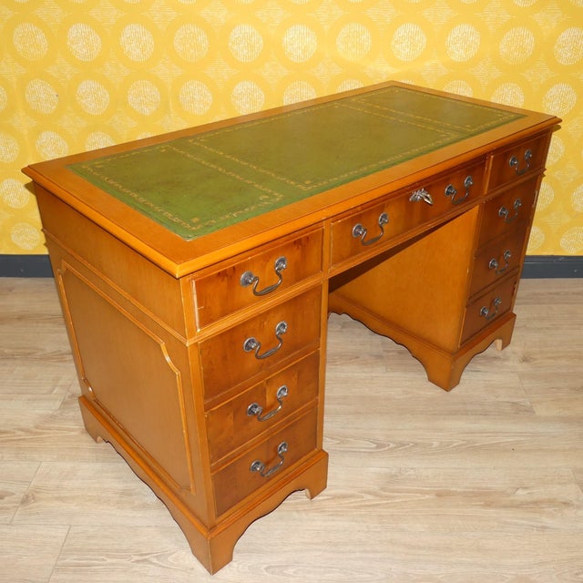 Edwardian English Desk in Yew Wood and Green Embossed Leather Top, 1960s For Sale - Image 14 of 16