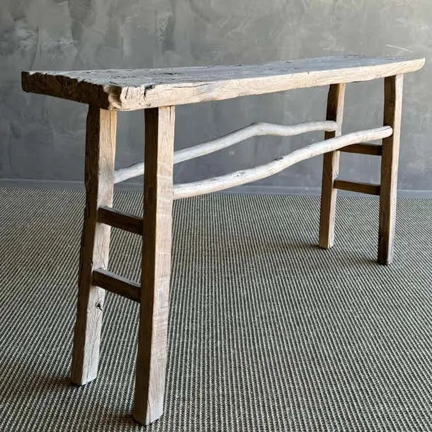 Vintage Elm Wood Console Table With Rustic Branch Stretchers For Sale - Image 4 of 6