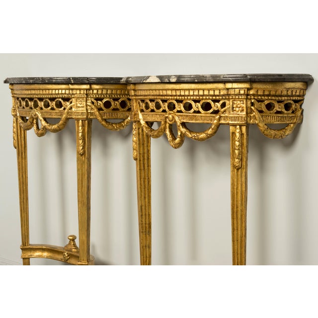 French Pair of 18th Century French Louis XVI Giltwood Demilune Tables For Sale - Image 3 of 18