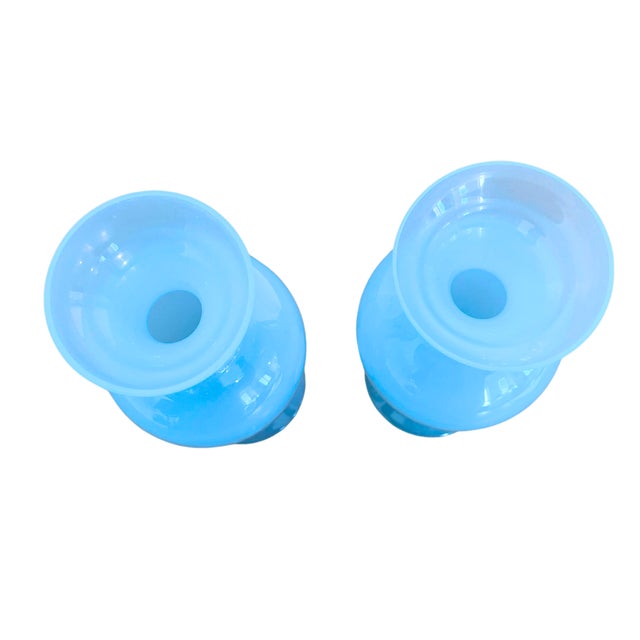 French Art Deco Light Turquoise Hand-Blown Opaline Glass Vases, 1920s, Set of 2 For Sale - Image 3 of 6