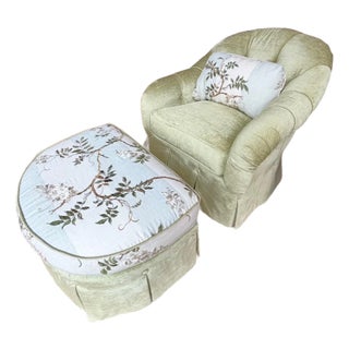 Custom Tufted Celadon Green Lounge Chair & Ottoman Set in Floral Colefax and Fowler For Sale