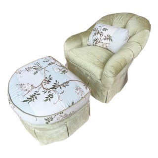 Custom Tufted Spring Green Floral Lounge Chair and Ottoman in Colefax and Fowler For Sale