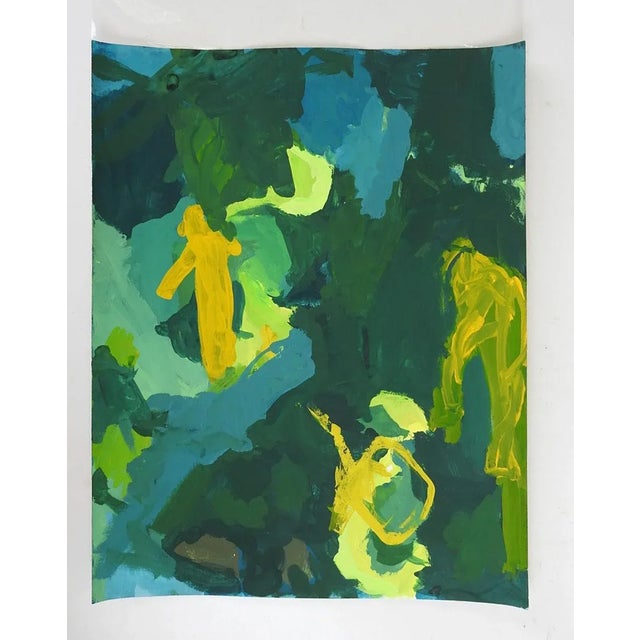 Late 20th century gouache on paper abstract painting in green and yellow. Unsigned. Unframed.