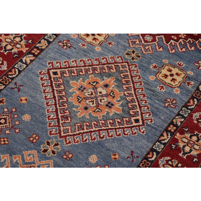 Tribal Super Kazak Light Blue/Red Wool Runner Rug- 2'11'' X 9'8'' For Sale - Image 4 of 10
