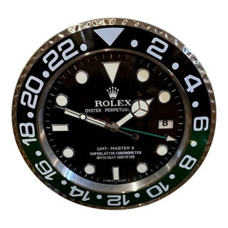 Vintage Black Silver and Green Rolex Display Wall Clock For Sale