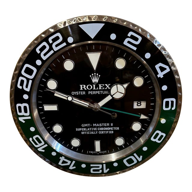 Vintage Black Silver and Green Rolex Display Wall Clock For Sale