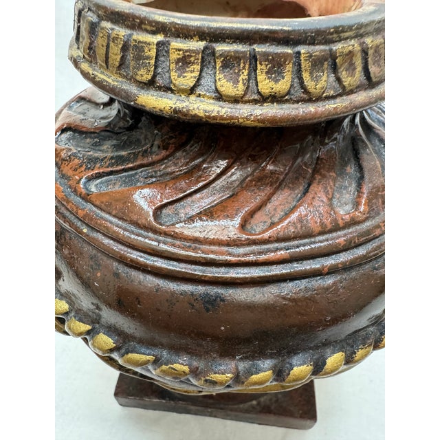 Chocolate Vintage Italian Renaissance Style Glazed Ceramic Embossed Urn, Gold & Brown For Sale - Image 8 of 12