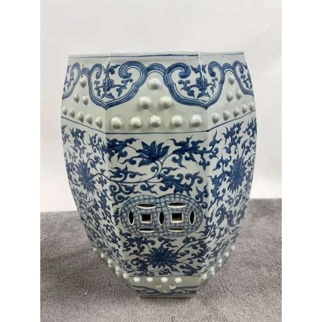 Ceramic Chinese Qianlong Style Porcelain Octagonal Garden Blue & White Stool, a Pair For Sale - Image 7 of 14