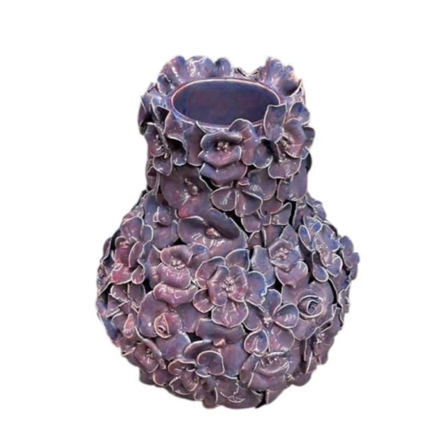 Hollywood Regency Vintage Italian Hand-Sculpted Floral Ceramic Vase - Purple Glazed Encrusted Blossom Urn For Sale - Image 3 of 12
