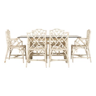 Large Italian Bamboo Garden Dining Set with Smoked Glass Top, 1970s, Set of 7 For Sale