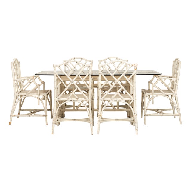 Large Italian Bamboo Garden Dining Set with Smoked Glass Top, 1970s, Set of 7 For Sale
