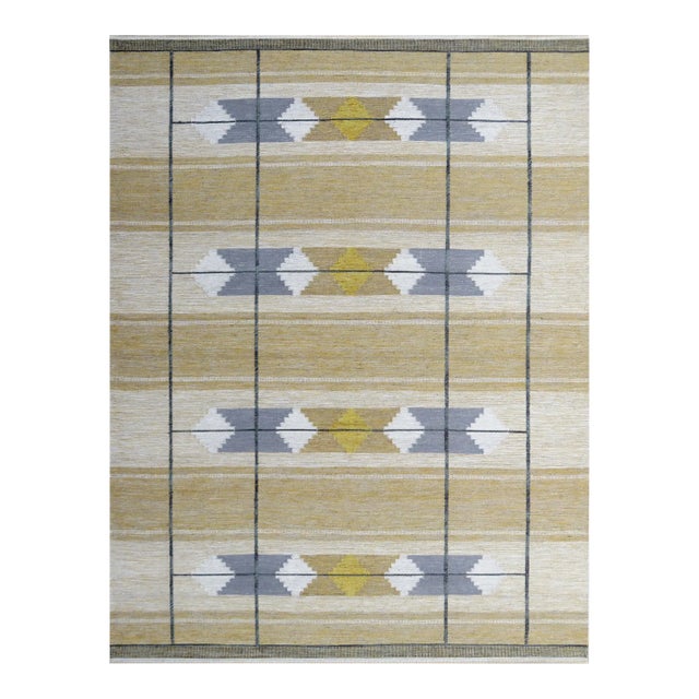 10 X 15 Handcrafted Geometric Swedish-Style Wool Rug in Yellow and Ivory For Sale