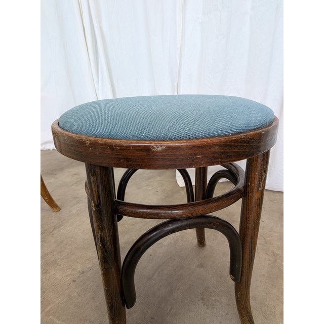 Wood Vintage Bentwood Stools with Blue Upholstered Seats, 1970s, Set of 2 For Sale - Image 7 of 15