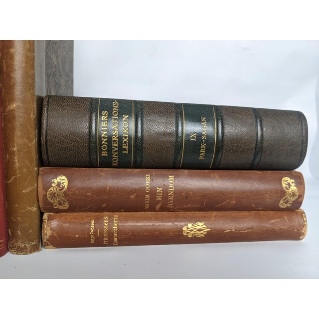 Early 20th Century Antique Scandinavian Library Set of 7 – Brown, Burgundy & Cognac Leather Books For Sale - Image 5 of 16