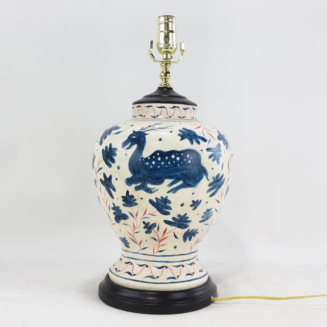 Pair of Vintage Brunschwig & Fils Cadiz Table Lamps - Blue and Cream Ceramic With Boar and Deer Motif For Sale - Image 13 of 17