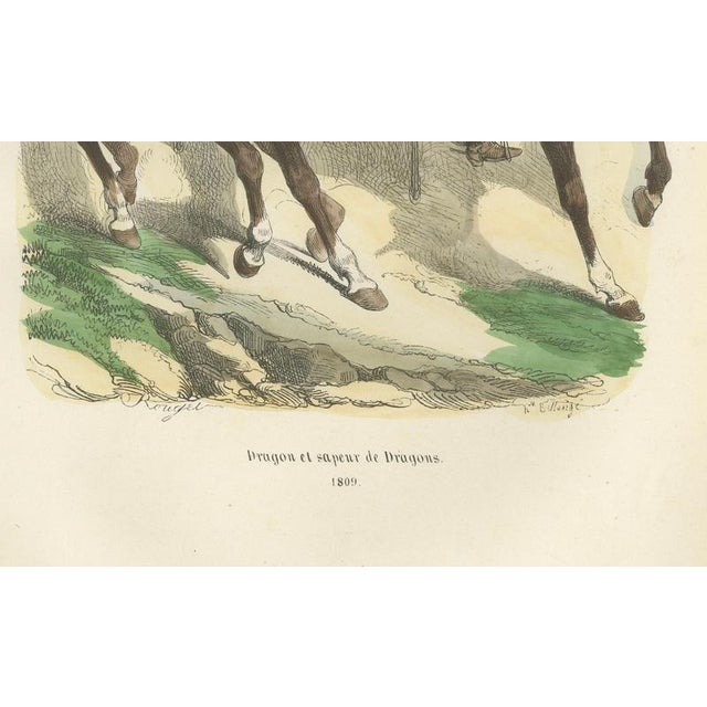 Napoleonic Dragoons and Dragoon Sapper, French Cavalry 1809 This hand-coloured military engraving depicts two mounted...