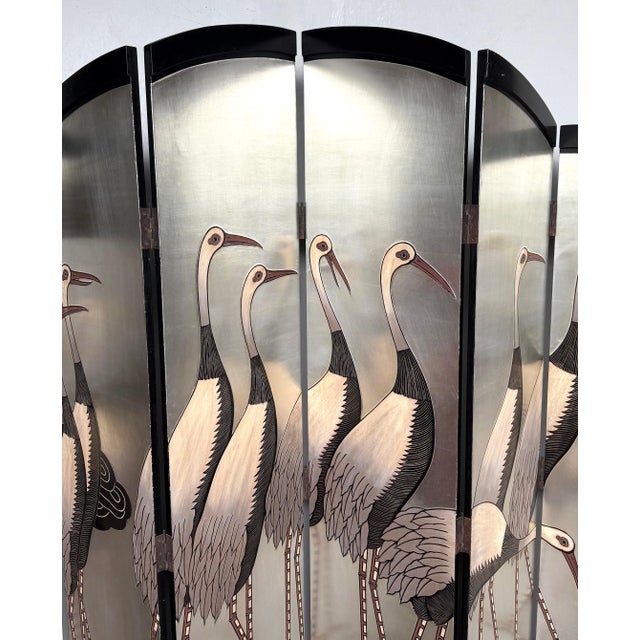 Art Deco Style Six-Panel Silver Leaf Crane Screen, Hong Kong, Circa 1980 For Sale - Image 18 of 18