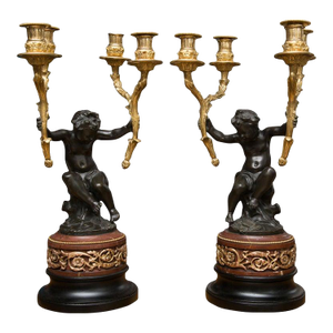 Pair of 19th Century French Gilt and Patinated Bronze Cherubs as Candelabra