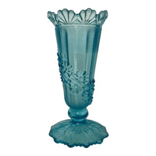 Late 19th Century Blue Fluted Scroll Pressed Opalescent Glass Vase For Sale