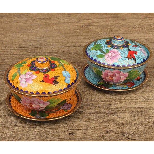 Vintage Cloisonné Enamel Lidded Bowls With Saucers – Floral & Bird Motif - Set of 4 For Sale - Image 4 of 18