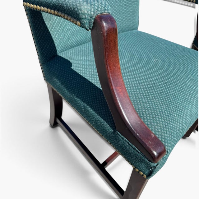 Dark Green Vintage Chippendale Mahogany Lolling Chairs – Pair Upholstered Armchairs – Stow & Davis For Sale - Image 8 of 10