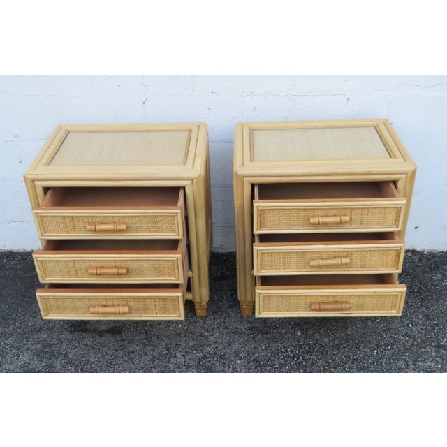 Hollywood Regency Hollywood Regency Faux Bamboo Caned Large Nightstands End Side Bedside Tables a Pair For Sale - Image 3 of 12