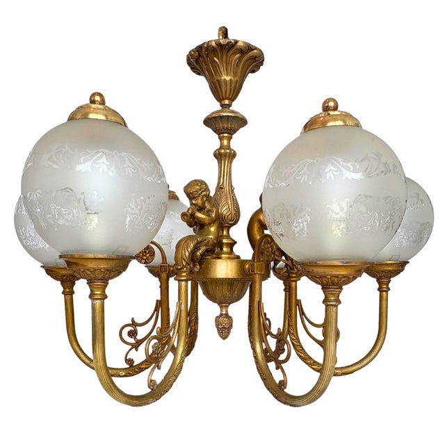 Metal Antique Louis XV French Gilt Bronze Figural Chandelier with 6 Etched Globes, 1890 For Sale - Image 7 of 8