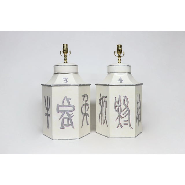 White Late 20th Century Hand-Painted Hexagonal Iron Tea Canister Table Lamp With Silver Calligraphic Design For Sale - Image 8 of 9