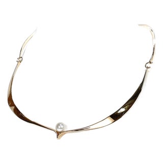 Ed Wiener Modernist 14k Gold & Pearl Curvex Choker Necklace or Collar For Sale