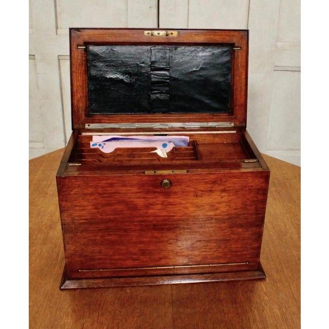 Metal Antique Victorian Oak Fitted Stationery Box with Writing Slope, 1890 For Sale - Image 7 of 13