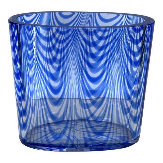 Vintage Cenedese Murano Blue "Fenicio" Feather Glass Vase Signed For Sale