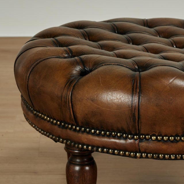 1960s Vintage Button Tufted Leather Ottoman For Sale - Image 5 of 12