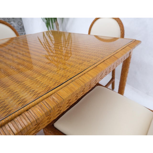Leather Basket Weave Wicker Style Square Dining Room Table 4 Chairs Glass Top For Sale - Image 11 of 18