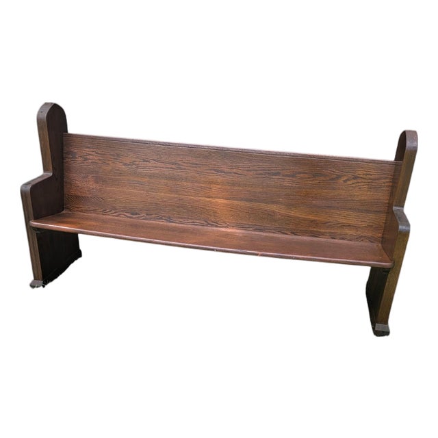 Mid 20th Century Carved Solid Oak Church Pew Bench With Cross Details – 75" For Sale