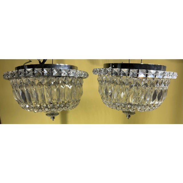 Pair of 1940's Hollywood Style Crystal Drop-Down Flush Mount Chandelier For Sale - Image 10 of 12