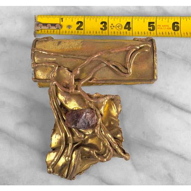 Vintage Brazilian Brutalist Brass & Amethyst Hand Bag Purse Clasp Topper, c.1970's - Solid Brass Sculpted in a Brutalist...