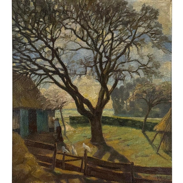 Farmhouse Framed Oil Painting on Canvas by Victor Mullie 'Farmyard Beneath the Trees' For Sale - Image 3 of 16