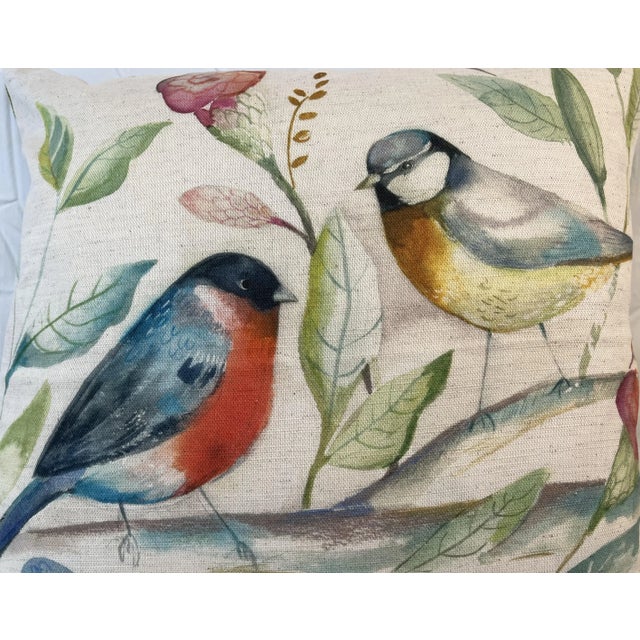 Figurative 16" Square Decorative Toss Pillow Adorned With a Pair of Colorful Birds Among Flowers and Foliage - Made in the U K For Sale - Image 3 of 12