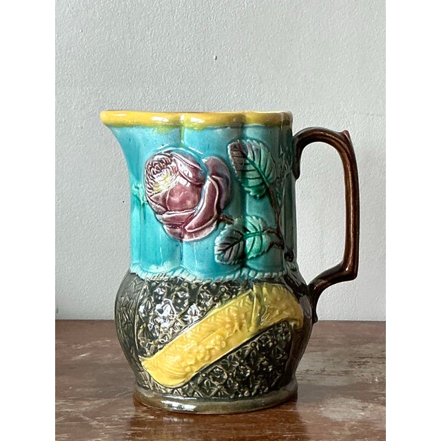 Yellow Vintage Boho English Majolica Pitcher For Sale - Image 8 of 12