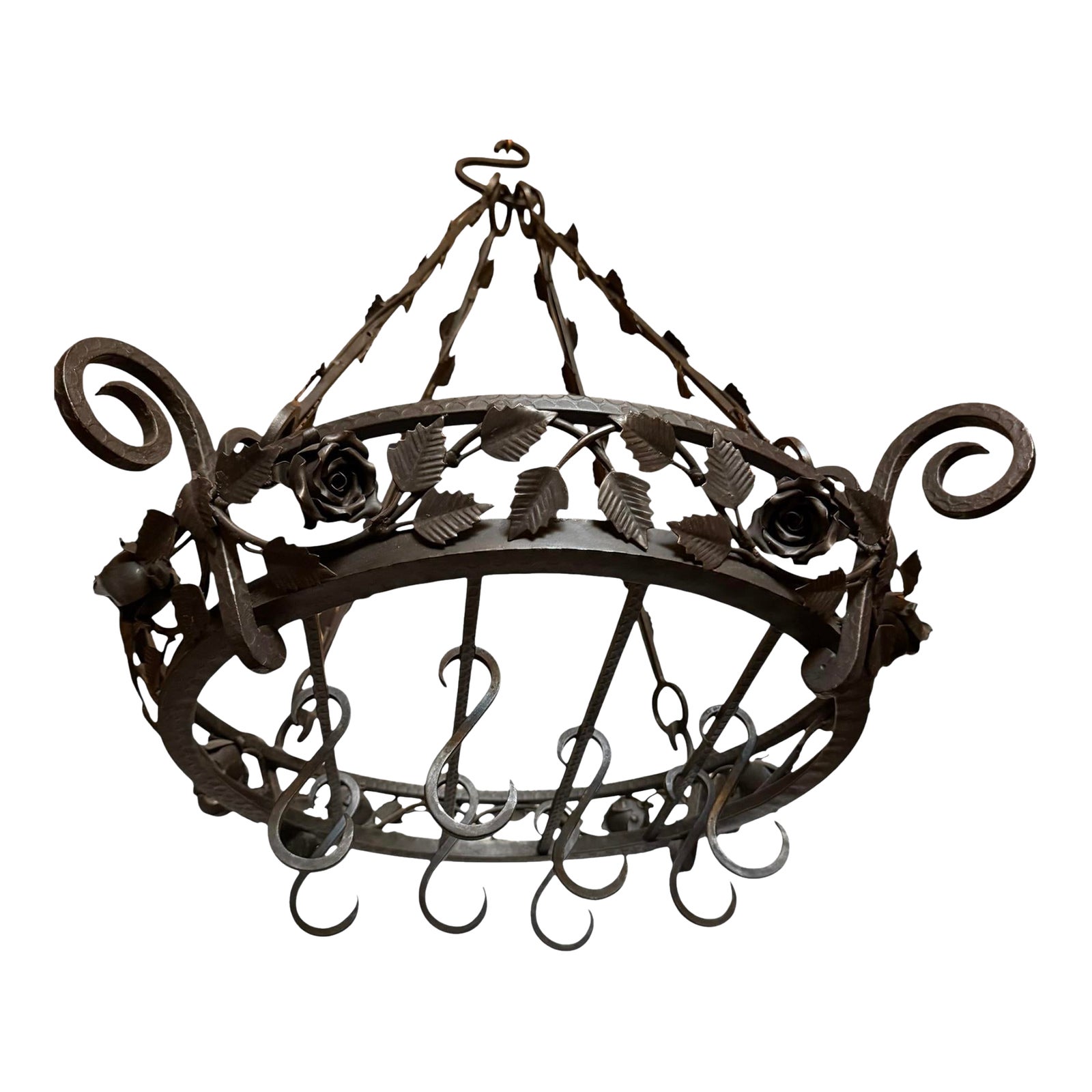 Vintage Wrought Iron Hanging Pot Rack With Hand Forged Roses and Vines ...