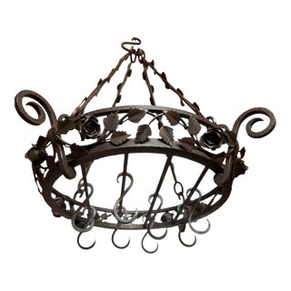 Vintage Wrought Iron Hanging Pot Rack With Hand Forged Roses and Vines For Sale